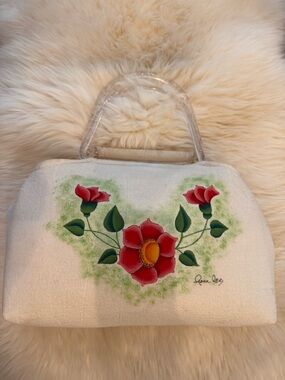 1970s Hand-Painted Floral Flower Bag with Lucite top handles